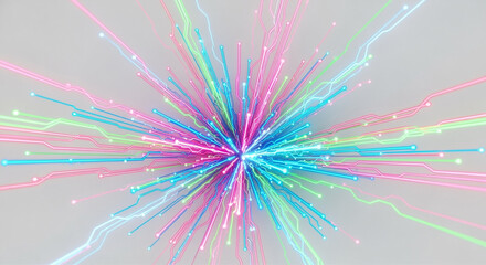 Poster - Abstract colorful neon lines exploding from center on gray background