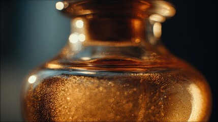 Poster - Golden light reflects inside the opening of a vintage amber bottle on a metallic surface
