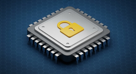 Poster - Computer chip with yellow padlock security symbol on blue hexagonal background