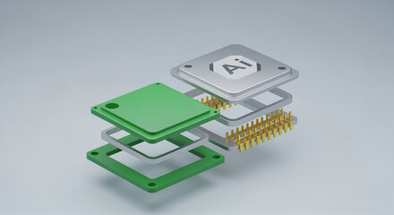 Poster - Exploded view of AI microchip with pins and layers