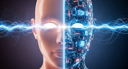 Poster - Human and AI face split with electric energy connecting them