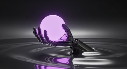 Poster - Robotic hand holding glowing orb in liquid metal