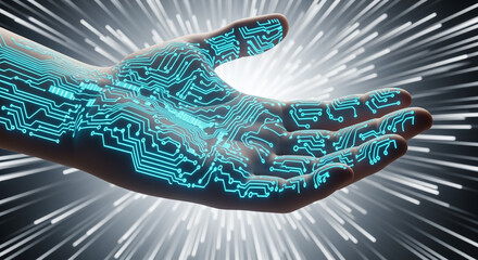 Poster - Human hand with glowing blue digital circuit patterns and light streaks