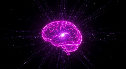Poster - Glowing purple brain with neural connections and particles