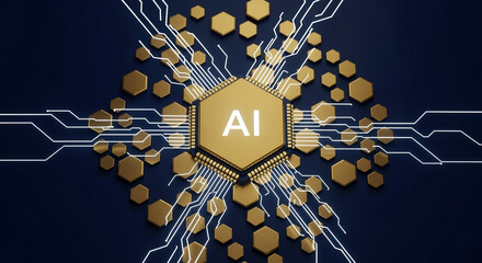 Poster - Golden AI microchip with hexagonal connections and white circuits on dark blue background