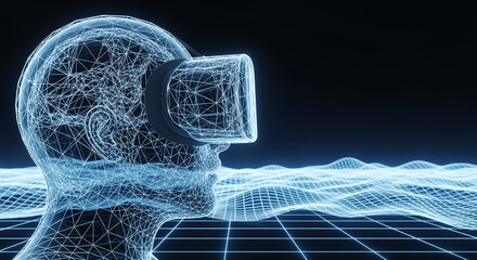 Poster - Wireframe human head with VR headset on digital landscape