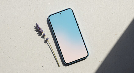 Poster - Smartphone with lavender on a textured surface with shadow