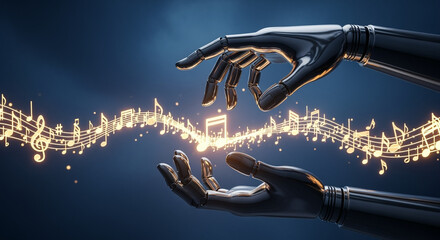 Poster - Robotic hands creating glowing music notes stream