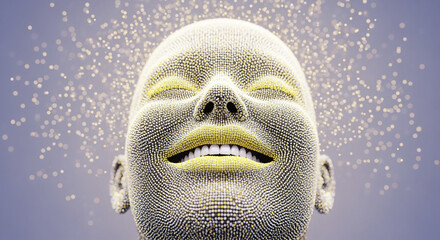 Poster - Smiling face made of particles with glowing particles exploding outwards
