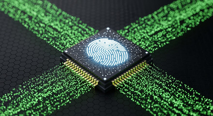Poster - Microchip with glowing fingerprint and data streams on dark background