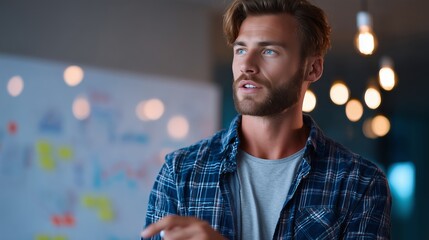Poster - Young man engages in a discussion about project ideas in a modern office setting during evening hours