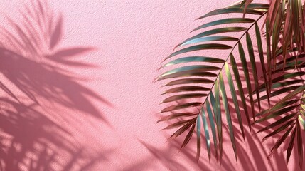 Poster - Pink background with palm leaves casting shadows on a light pink surface. Soft lighting and a serene atmosphere.