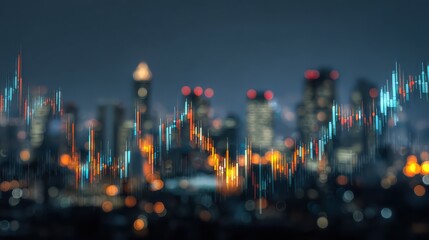 Poster - Abstract glowing big data forex candlestick chart on blurry city backdrop. Trade, technology, investment and analysis concept