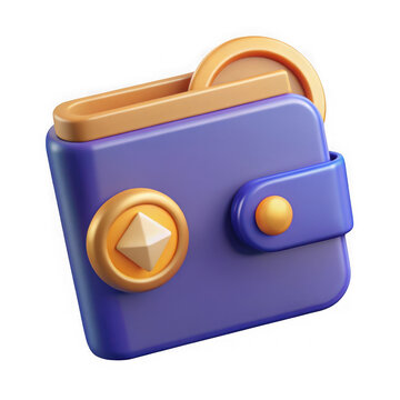 Stylized 3d purple wallet with gold coin and diamond symbol isolated on transparent background