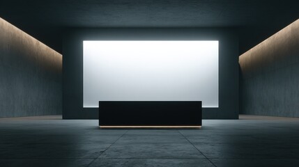 Poster - Big blank glowing white screen in dark exhibition hall room with black glossy podium and concrete floor. Mockup, 3D rendering, no logos, no brands