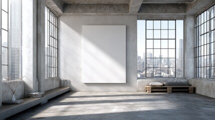 Poster - Mock up of blank poster in modern loft interior with big windows and concrete floor 3D Render, no logos, no brands
