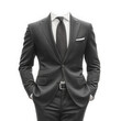 © Hirak - A headless male model showcases a sharp, dark gray business suit, complete with a crisp white shirt and a subtly patterned dark tie, set against a clean transparent background