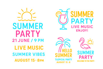 Poster - A collection of summer party posters in neon vector style, including a design template, bright neon brochure, and modern trend designs such as light banners and typography invitations, along with an