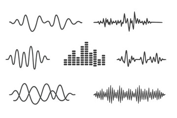 Poster - Vector illustration of sound waves collection including analog and digital audio signals, music equalizer, interference voice recording, and high frequency radio wave