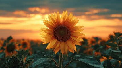 Poster - Golden hour light shines on sunflower field during twilight in the countryside