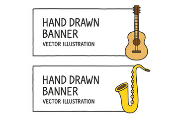 Poster - Vector illustration of a hand-drawn banner template featuring a guitar and saxophone in doodle sketch style, suitable for music shops, musical instrument banners, music festival flyers, and brochure