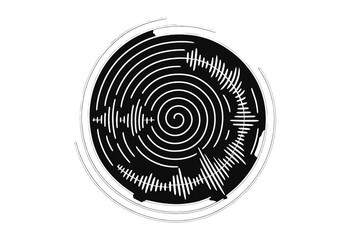 Poster - A circular spiral sound wave rhythm is created by lines of white color on a dark background