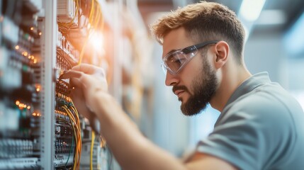 Poster - Electrical technician works on wiring in modern control room during daylight hours