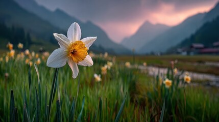 Poster - Daffodil blooms in a field at dusk in kashmir, india with mountains in the distance, landscape scene from the region