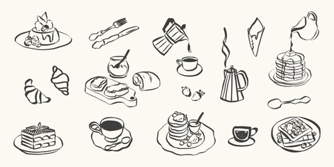 Aufkleber - Whimsical chalk doodles of food and charcuterie. Quirky icons of breakfast and dinner meals in crayon style. Crayon drawing for menus and invitations. La dolce vita italian vector illustration