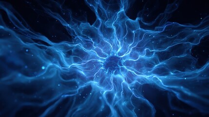 Poster - Modern dynamic blue neuron plasma energy laser. Futuristic virtual technology wallpaper, digitally generated image. 3D Rendering, no logos, no brands