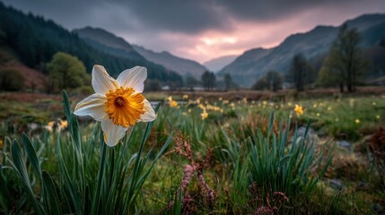 Poster - Daffodil blooms in a field at dusk in kashmir, india with mountains in the distance, landscape scene from the region