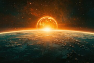 Wall Mural - Stunning view of a planet rising over Earth's horizon, bathed in a radiant orange glow against a star-filled cosmos backdrop.