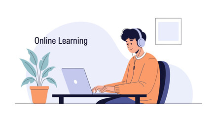 Poster - Focused Student Attends Virtual Education Class While Sitting At His Desk