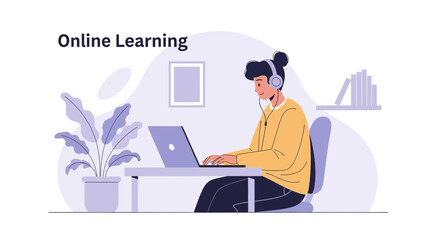 Poster - Focused Woman Engaged In Remote Learning Using Modern Technology At Home