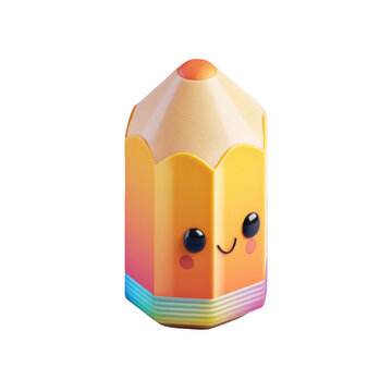 A cartoon pencil with a kawaii face and rainbow base against a plain black background space