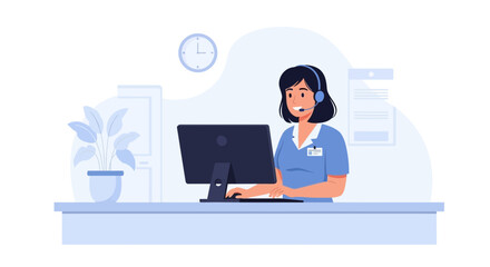 Poster - friendly receptionist provides attentive customer support with headset and computer