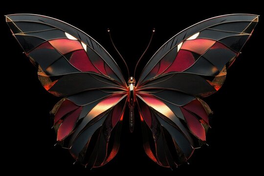 A stylized butterfly with red and black wings outlined in gold on a transparent background.