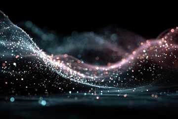Fototapete - Abstract digital wave with blue and gold glowing particles flowing and undulating on a dark background, representing technology and futuristic concepts
