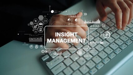 Fototapete - Hands Typing on Laptop Keyboard Surrounded by Digital Graphics Representing Insight Management in a Modern Office Environment. Asymptotic smart data analytic.