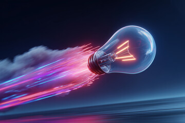 Wall Mural - dynamic glowing light bulb flying swiftly with vibrant neon trails against dark background symbolizi