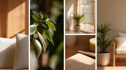 Poster - Exploring minimalistic interior design with plants in a serene, sunlit room setting