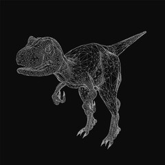 Poster - A 3D wireframe T-Rex stands prominently on a black background, composed of interconnected geometric shapes and lines. The detailed skeletal structure highlights the dinosaur's powerful form and sharp.