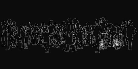 Poster - A crowd of people stands in a line, with one person riding a bicycle in the foreground. The black and white illustration features stark contrast between the figures and the dark background.