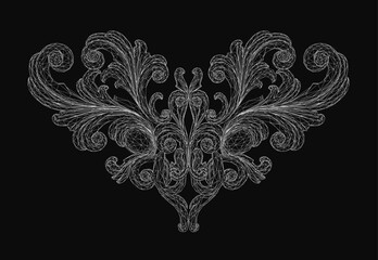 Poster - Intricate black and white floral design with detailed ornamentation stands out against a dark background. The decorative pattern features varied shapes and contrasting colors.