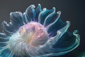 Wall Mural - Abstract flower with iridescent colors and translucent petals, creating a ethereal and magical effect against a dark background. 