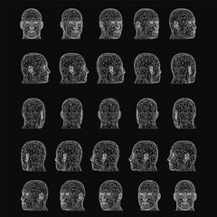 Poster - A grid of identical white wireframe human heads on a black background creates a striking 3D effect. The minimalist design features uniform size and shape for each head, arranged in perfect alignment.