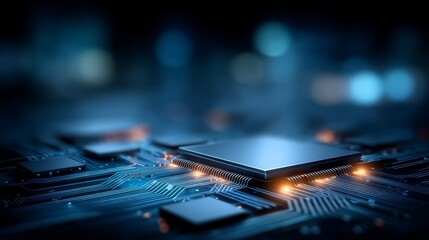 Poster - Computer chip is shown in a blue background with a yellow glow. The chip is surrounded by other computer chips, creating a sense of complexity and interconnectedness