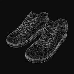 Aufkleber - Low polygonal wireframe sneakers rendered in 3D with realistic details on a sleek black background. The geometric design highlights the shoe structure with clean edges and modern aesthetic.
