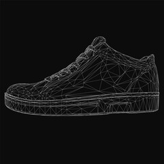 Aufkleber - Low polygonal wireframe sneaker features intricate geometric shapes and clean lines on a black background. The abstract design highlights modern 3D modeling techniques with a futuristic aesthetic.