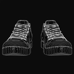 Aufkleber - Black and white sneakers stand out against a solid black background. The shoes feature a sleek black upper with crisp white laces. The minimalist design highlights clean lines and modern aesthetics.